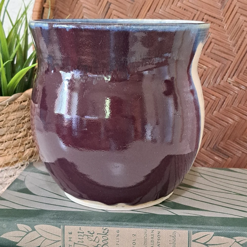 Student Studio Art Pottery Vase w/Face Signed by Artist DMG Purple Drip Glaze